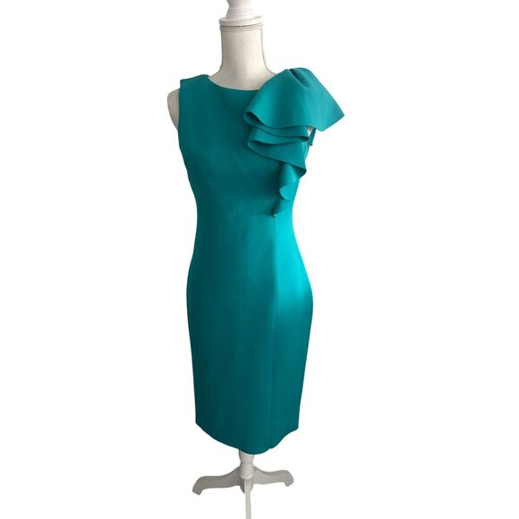 ELIZA J Aqua Teal Ruffle Shoulder Scuba Dress Size 4 - Picture 8 of 8